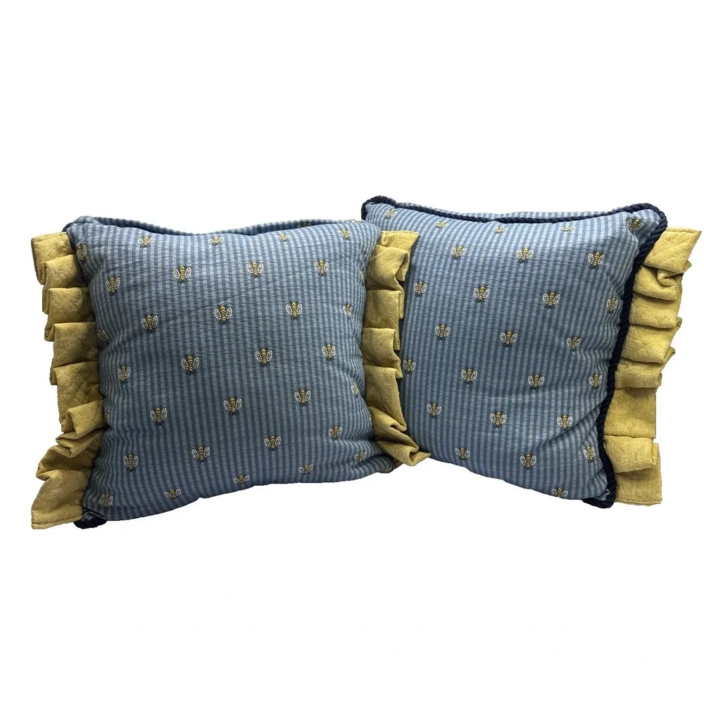 Two Vtg Blue Stripe‎ Yellow Ruffle Embroidered Bee Pillows 22x16